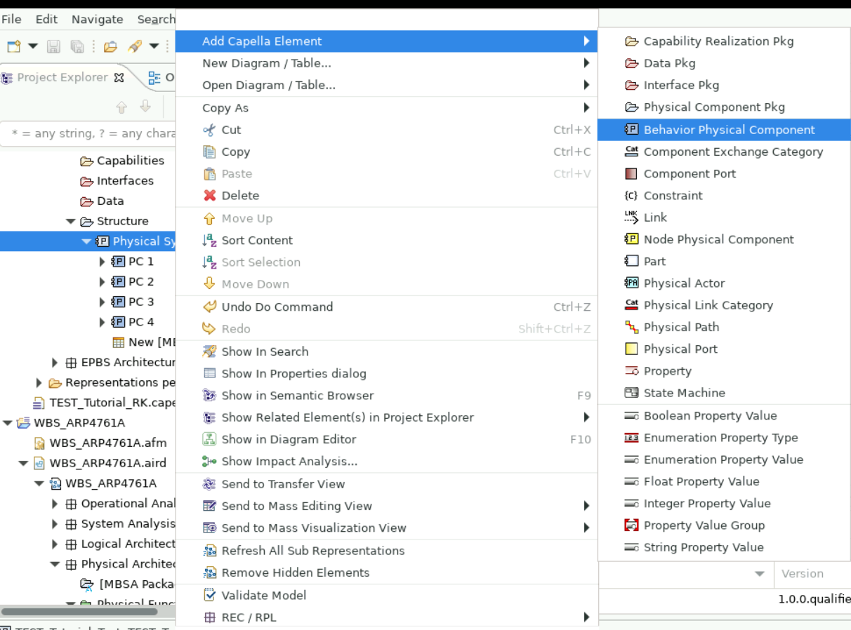 Menu for adding a Behavior Physical Component