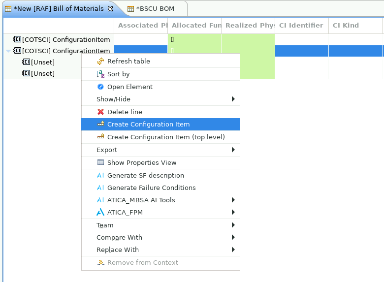 Context menu for adding an item to the bill of materials