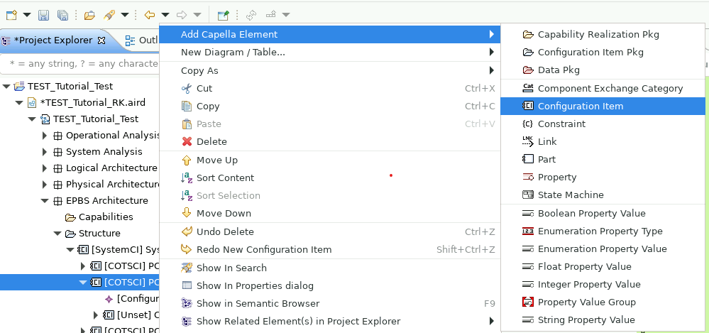 Menu for adding a configuration item