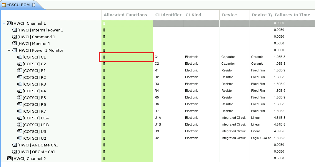 Allocated Functions column in the bill of materials