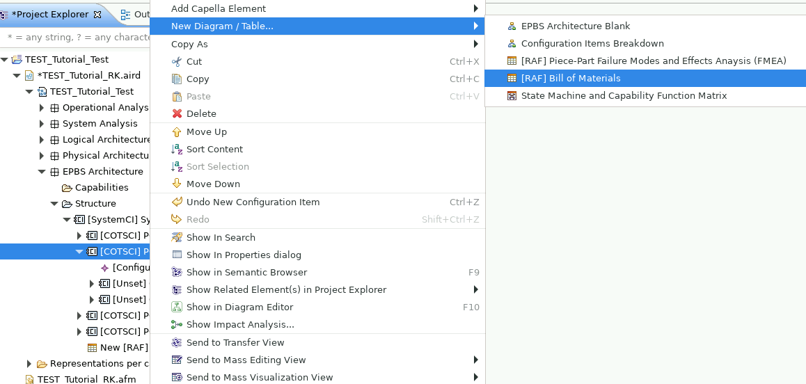 Menu for creating a bill of materials