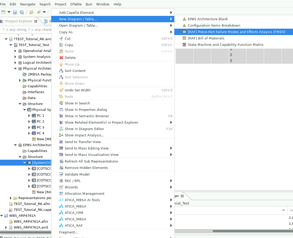 Menu for creating the EPBS FMEA table