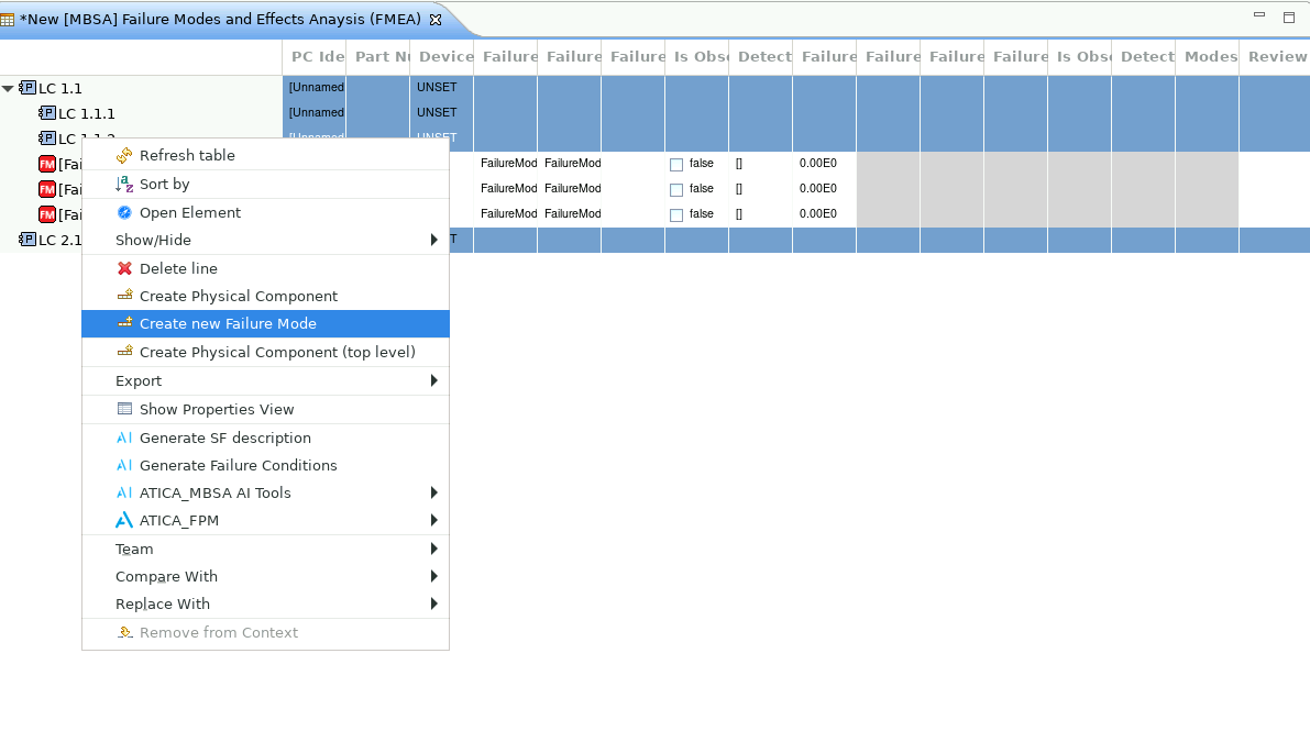Context menu for creating components and failure modes in an FMEA table