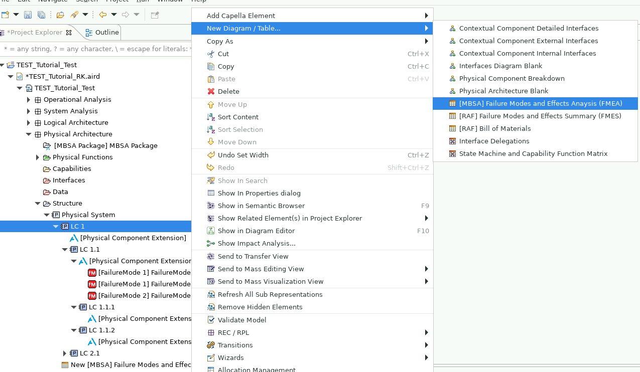 Menu for creating an FMEA table