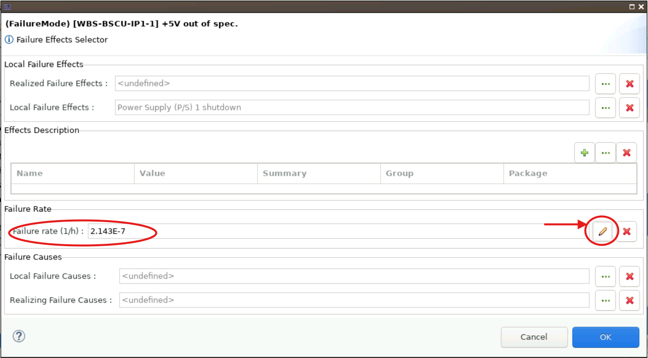 Editing a failure rate with the pencil icon