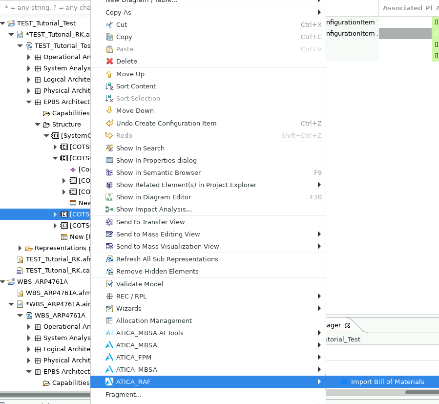 Menu for importing a bill of materials