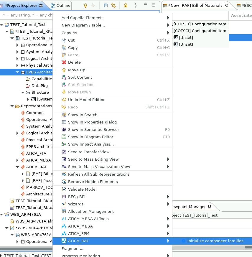 Menu for initializing component families