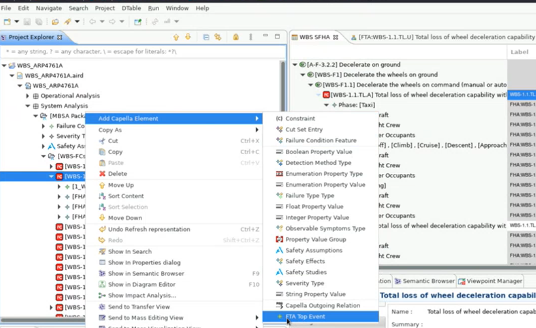 Menu for adding an FTA top event